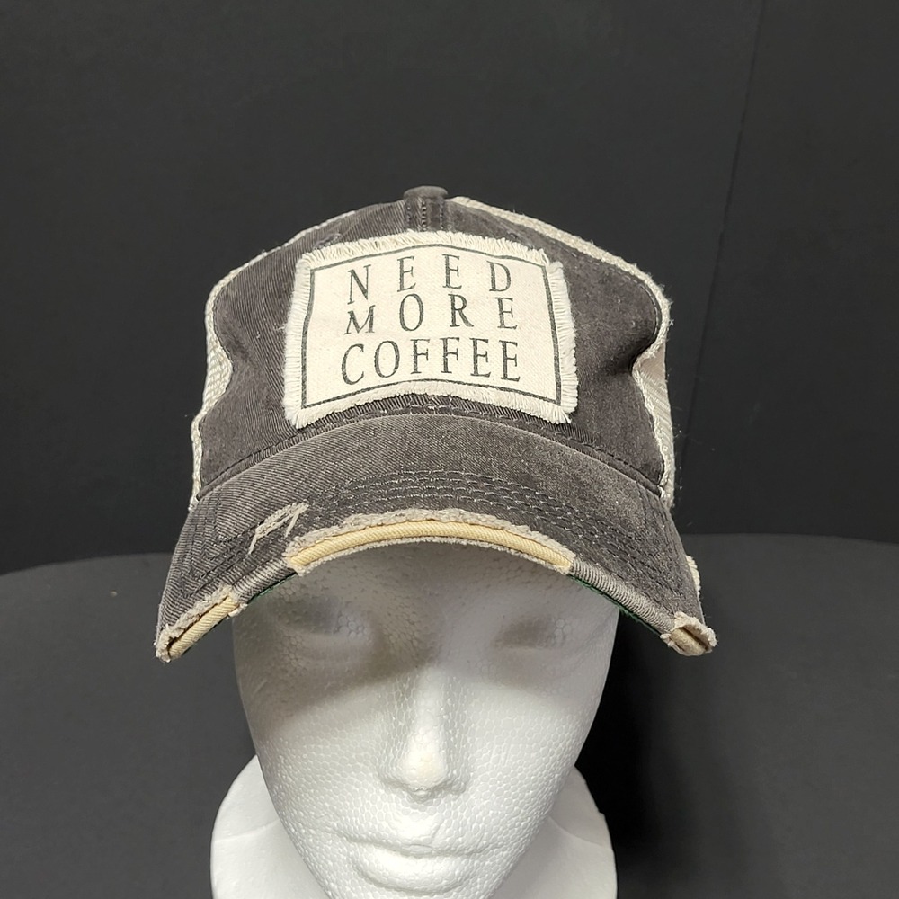 Headmost Need More Coffee Distressed Trucker Hat Grey Tan Mesh Snapback Cap